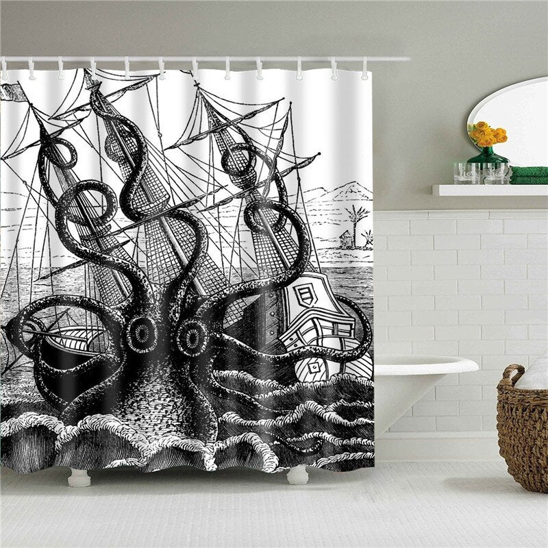 Rideau De Douche Bateau Pirate Et Kraken