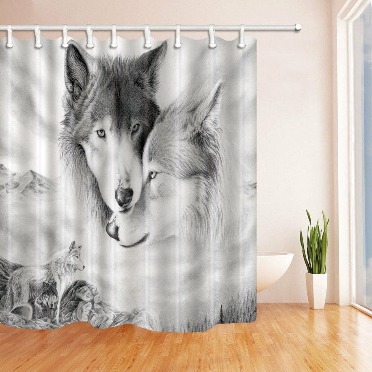 Rideau De Douche Loup Noir Et Blanc