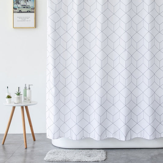 Rideau De Douche Tissu Blanc Géométrique