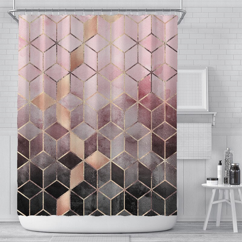 Rideau De Douche Géométrique Gris Et Rose